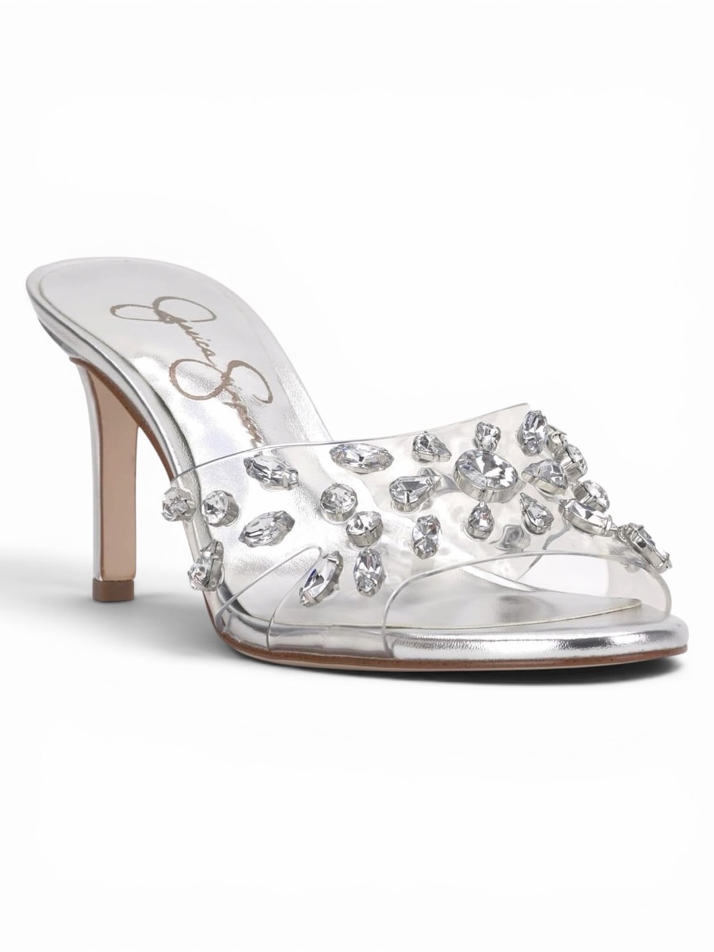 Jessica Simpson Primana Crystal Clear Stiletto Slide Mule Sandals Silver 5 NEW